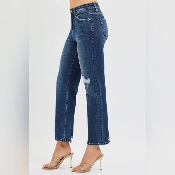 RISEN High-Rise Waist Distressed Patch Knee Straight Leg Pants Ankle Denim Jeans - Picture 3 of 16